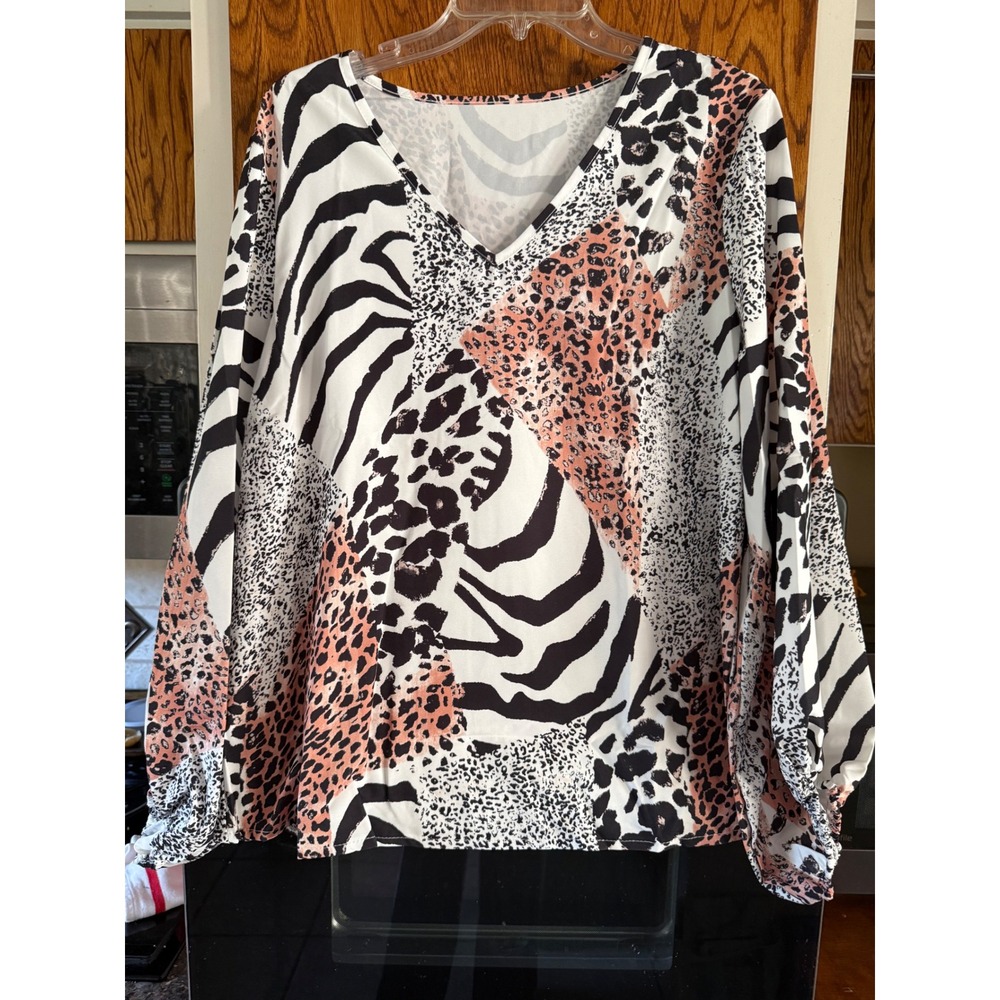 Womens V Neck Long Sleeve Mixed Animal Print Top Blouse Shirt size XL